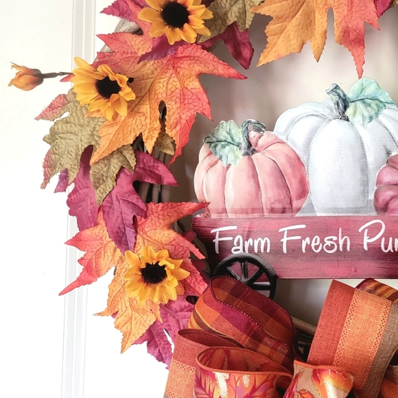 Host Pick Fall Harvest Wreath Bows Pumpkins Sunflowers Oak Leaves - Picture 3 of 8